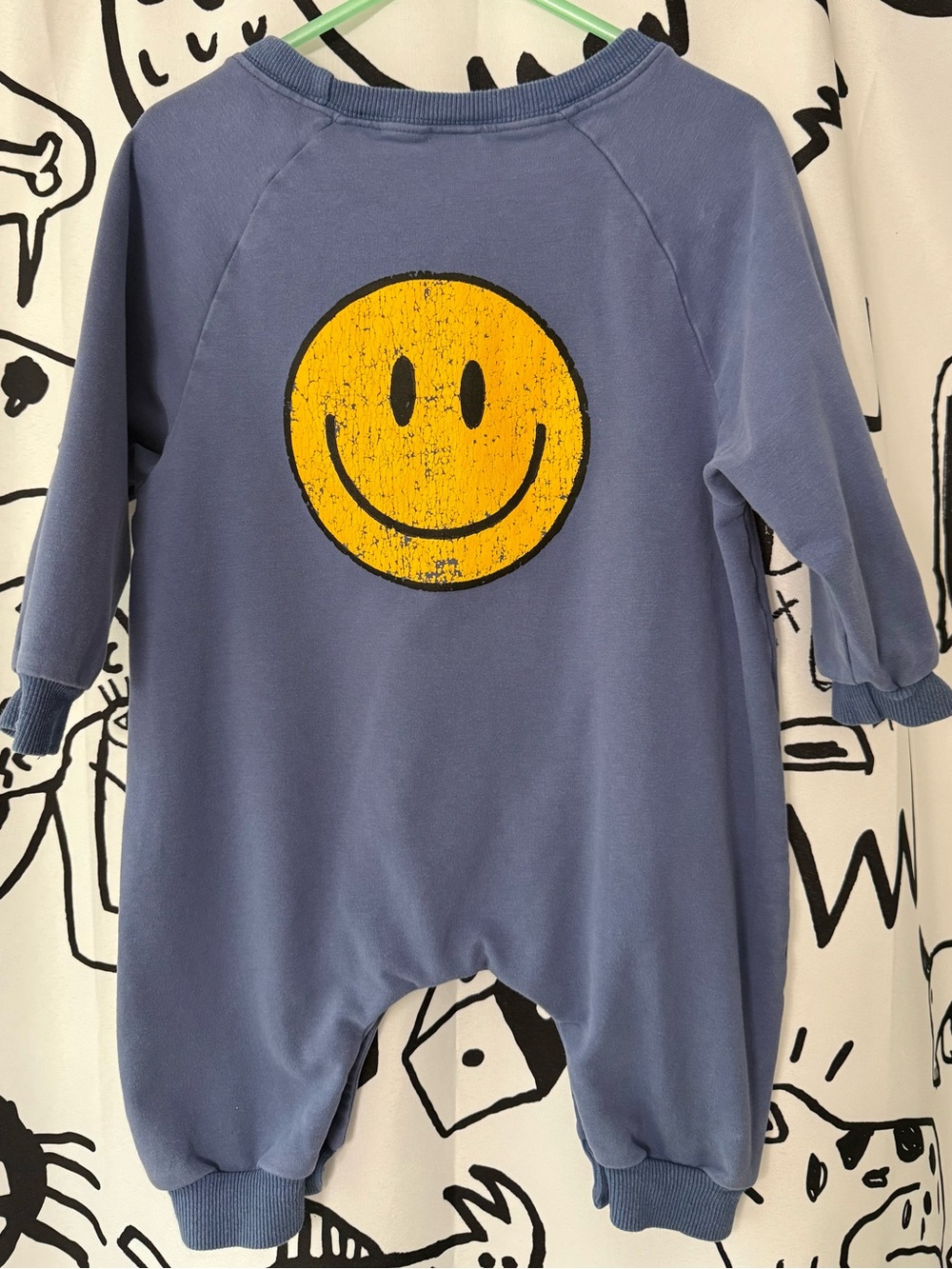 Smiley Face Long-Sleeve Footie in Dusty Blue- Miniie
